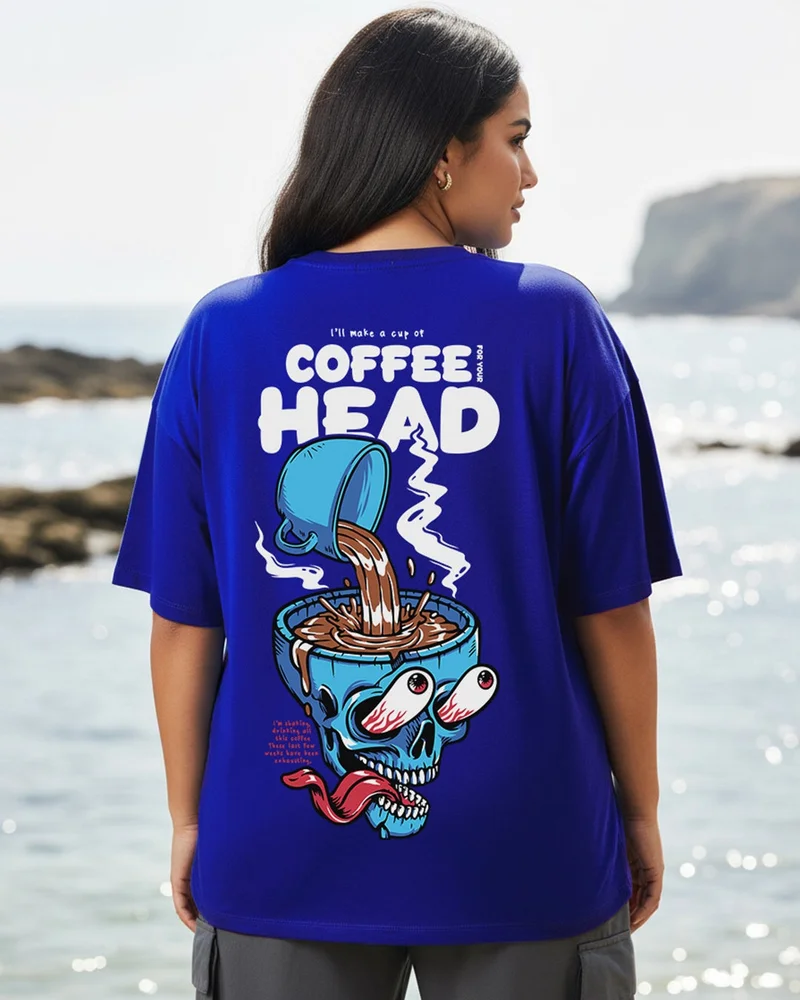 بيواكوف تيشيرت نسائي كبير الحجم مطبوع برسومات قهوة زرقاء